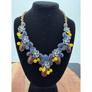 Talbots Floral Bib Necklace Womens OS Blue Yellow Brown Gold Tone Statement